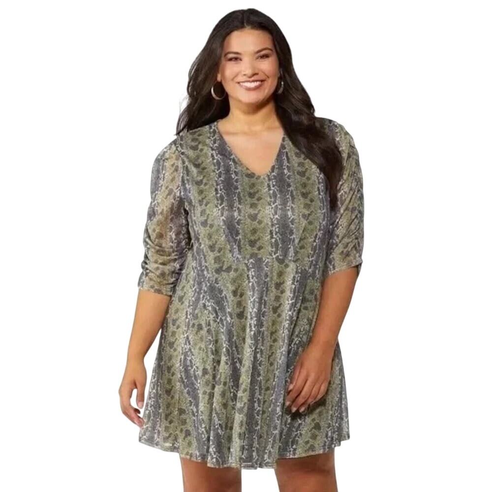 Cato Plus Size Green Mesh Overlay Snake Print Swing Dress